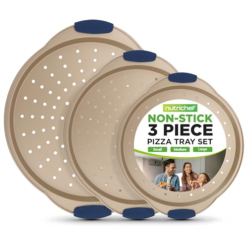 Image of NutriChef Pizza Trays Gold Set of 3 Diameter 24 cm, 28 cm & 33 cm - Perforated Non-Stick Baking Moulds Made of Carbon Steel with Silicone Handles Stackable and Dishwasher Safe for Pizza, Tarte Flambee