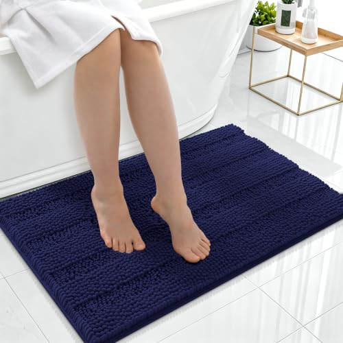 Image of Smiry Thick Chenille Bathroom Rugs 36x24, Extra Absorbent Striped Bath Mat, Machine Washable, Rubber Backing, Bath Rugs for Bathroom, Tub & Shower, Home Decor Accessories, Twilight Sapphire