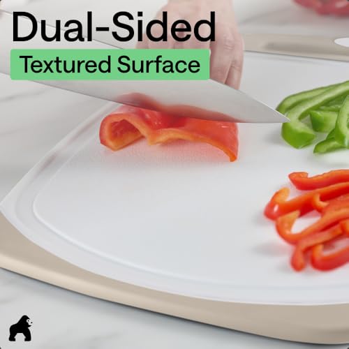 Image of GORILLA GRIP BPA-Free Reversible Kitchen Cutting Board Set of 3, US Designed, Nonporous, Juice Grooves Catch Liquid, Slip Resistant Border, Dishwasher Safe, Durable Large Food Chopping Boards, Almond