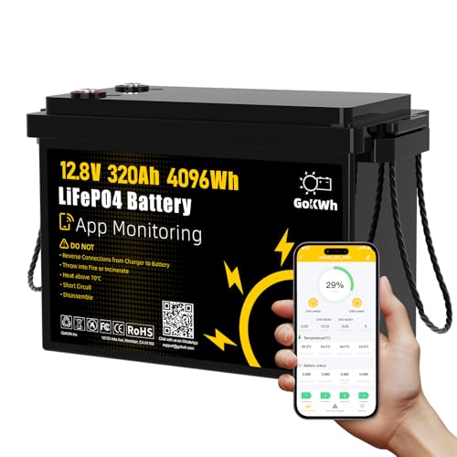 GOKWH 12V 320AH ​LiFePO4 Lithium Battery with Bluetooth App, Low Temp Protection, 4096WH, 200A BMS Up to 8000 Deep Cycle for Off-Grid, RV, Trolling Motor, Solar Power System, HomeBackup