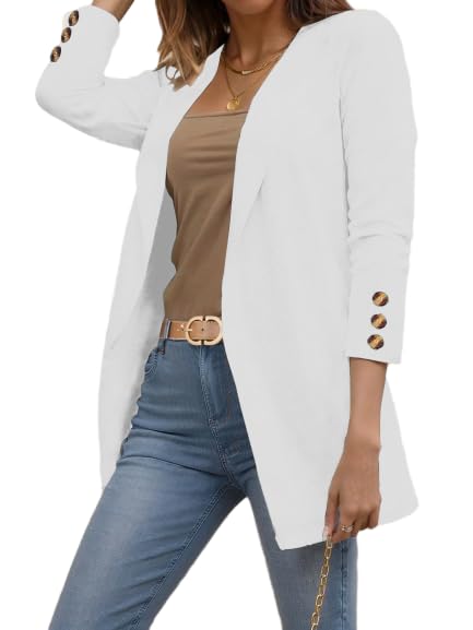 Womens Blazer Long Sleeve Open Front Work Office Jacket Casual Button Down Solid Color Stretch Cardigan