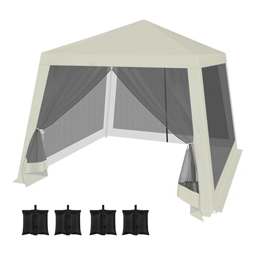 WOLTU Pérgola Jardín Pabellón de Jardín Cenador Plegable con Techo Carpa para Exteriores de Tela Oxford y Paredes de Malla, 3x3 m, para Camping, Jardín, Playa, con 4 Bolsas de Arena Vacías, Beis