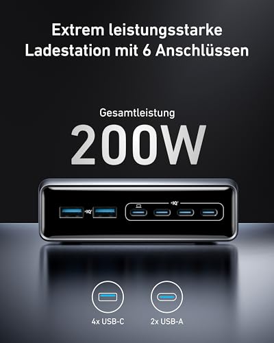 Anker Prime 200W USB C Ladegerät, 200W 6 Anschlüsse GaN Ladestation, USB-C PD Desktop Ladegerät mit Schnell-Laden, kompatibel mit iPhone 17/16/15 Series, Samsung, MacBook, Dell und mehr – Bild 3