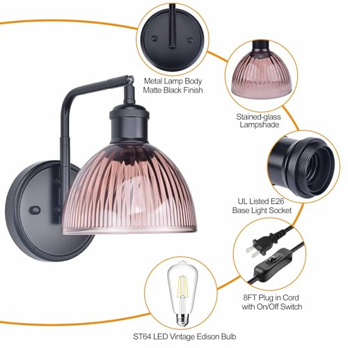 Image of Swing Arm Wall Sconce, Plug in or Hardwired Black Wall Lamp with Green Stripe Ribbed Glass Shade, Vintage Edison LED Bulb Wall Light Fixture for Living Room Bedroom Bedside Bathroom Hallway