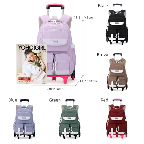 LANSHIYA Solid Color Girls Rolling Backpack with Wheels Schoolbag Elementary School Student Trolley Daypack