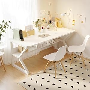 Computer Desk 55.1 Inch with Storage Shelf, Modern Study and Student Desk, Small Gaming PC Writing Table for Bedroom, Apartment, or Home Office, White