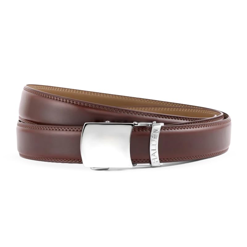 Image of HALDEN BURLEY Men's Brown Ratchet Belt | Auto-Lock Leather Formal Belt with Magnetic Buckle | Adjustable Free Size Fits Up to 44 Inch Waist