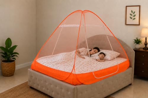 Image of Healthy Sleeping Mosquito Net | Double Bed | Supreme King Size Bed | Foldable Machardani with 2 Side Zipper Opening | Strong 30GSM Polyester Net | PVC Coated Steel Wire (Orange)