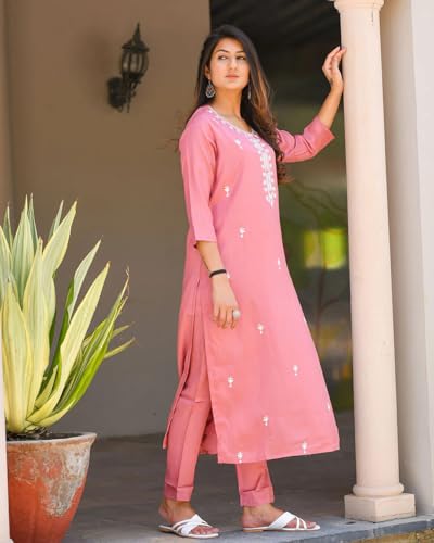 Fabnex Kurta Set For Women | Women Embroidered Kurta Set | Women Kurta Sets Kurtis | Women Kurta Pant Set (K-57-59) (Large, Pink)