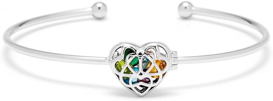 EVE'S ADDICTION Women's Sterling Silver Heart Shaped Birthstone Cuff Bracelet - Personalized Locket Jewelry - Bracelet for Mom - Family Bracelet - Gift for Her - Gifts for Mom