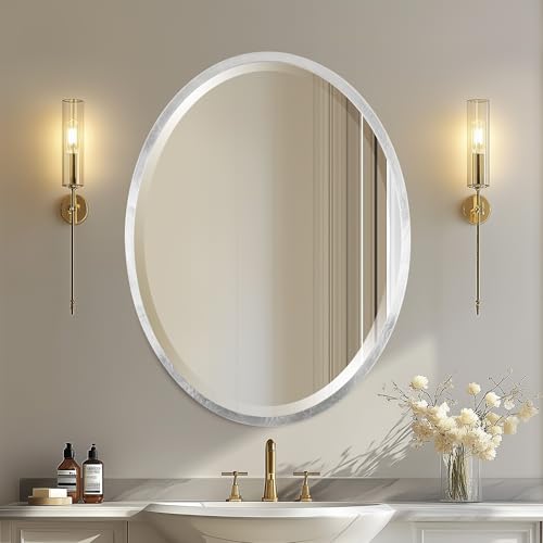 OVALCREST - Oval Wooden Beveled Wall Mirror for Home Decor, Bathroom, Vanity, Bedroom, Living Room, Hallway - London Style (Silver Leaf with Brown Antique) 31.1 x 25.1