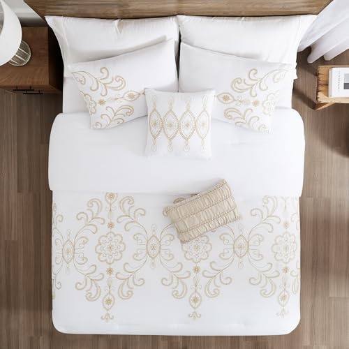 Image of Modern Threads Sabrina Embroidered Comforter Set - 5 Piece White Bed Set with Gold Detailing, Decorative Pillows & Shams, Luxuriously Soft Jacquard Bedding, Queen