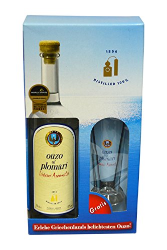 Ouzo Plomari Geschenkset Longdrink: Ouzo Plomari 0,7l mit 1 Plomari Ouzo-Glas in Geschenkverpackung