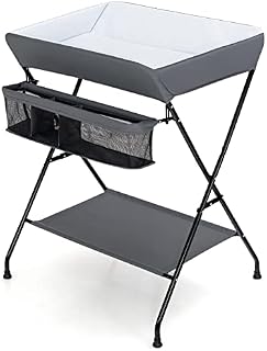 GYMAX Folding Baby Changing Table, Portable Infant Bath Massage Dresser Diaper Organizer with Storage Basket and Shelf, Newborn Care Station, 80 x 68 x 103cm (Grey)