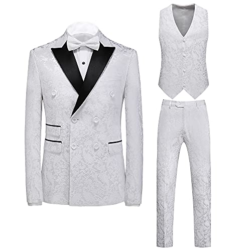Mens Suit 3 Piece Floral Tux Double Breasted Blazer Vest Pants Set Us Size 36 White #TOP3
