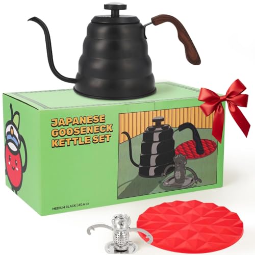 Japanese Gooseneck Kettle Stovetop with Thermometer and Insulated Handle (4-piece, 40.6 oz /1200ml), Stainless Steel Pour Over Tea Stovetop Kettle, Precision Pour Kettles Pot for Coffee & Tea (Black)