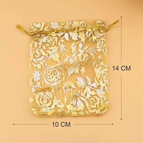 Image of Beingelegant - (10 cm X 15 Cm) (100 pcs) Gold Colour Potli Bags for Return Gift, For Wedding Party Favor Printed Gift Bags I Re Usable Net Pouch