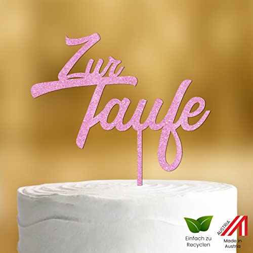 Cake Topper zur Taufe zweizeilig [langer Spieß] für die Tauftorte - Rosa Glitzer 3mm - Tortendeko Taufe Mädchen, Cake Topper Mädchen, Tortendeko Junge, Tortendeko Taufe Jungen, Torten Topper