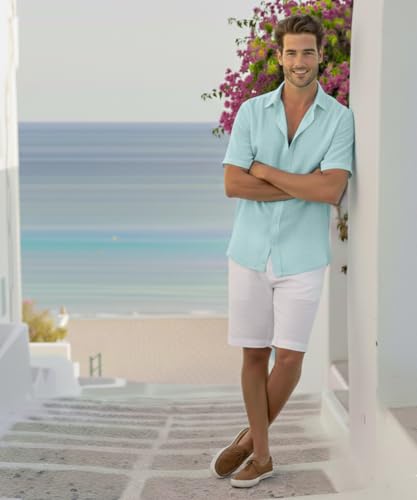 Image of VastraVibes Premium Cotton Linen Shirt for Men | Half Sleeve Slim Fit Casual Shirts | Lightweight Beach Wear & Festive Outfits | Trending Pastel Colors
