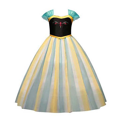 IMEKIS Flickor prinsessa Anna-klänning Frost 2 snödrottningdräkter isdrottning halloween karneval cosplay utklädnad blomma broderad födelsedagstyll tutu med tillbehör festkläder, gUL, 3-4 År