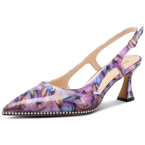 TNYNFBEB Womens Kitten Heel Pointed Toe Pumps Sliver Beaded Slingback Slip-on Buckle Prom Dress Basic Classic Patent Leather Summer 2.6 Inches Heels