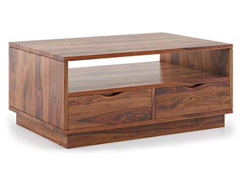 Image of DRIFTINGWOOD Wooden Rectangle Center Coffee Table for Living Room | Centre Coffee Table with 2 Drawers & Shelf Storage for Home | Sheesham Wood, Natural Brown