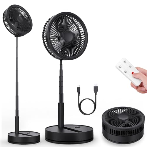 Portable Fan Rechargeable 8000mAh Silent - 8.6 Inch Foldable 12dB Oscillating Pedestal Standing Floor Fan with Remote USB Battery Telescopic Desk Fan for Bedroom Cruise Camping Travel Hospital Black