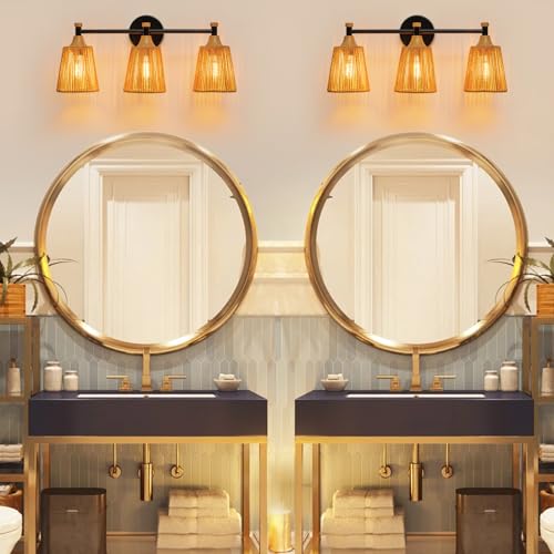 Image of 3-Light Farmhouse Bathroom Light Fixtures, Boho Vanity Lights Over Mirror | Handwoven Rattan Wicker Lampshade, Rustic Lighting for Bedroom Kitchen Hallway Restroom Bathroom