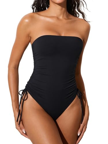 DOBREVA Women's One Piece Swimsuit Strapless Bandeau Bathing Suits Tummy Control Ruched Lined Slimming Halter Swimwear
