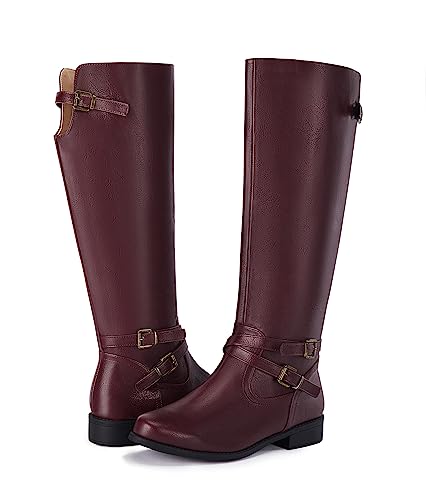 Ermonn Womens Knee High Boots Wide Calf Side-Zip Back Lace-Up Faux Leather Riding Combat Footwear #TOP2