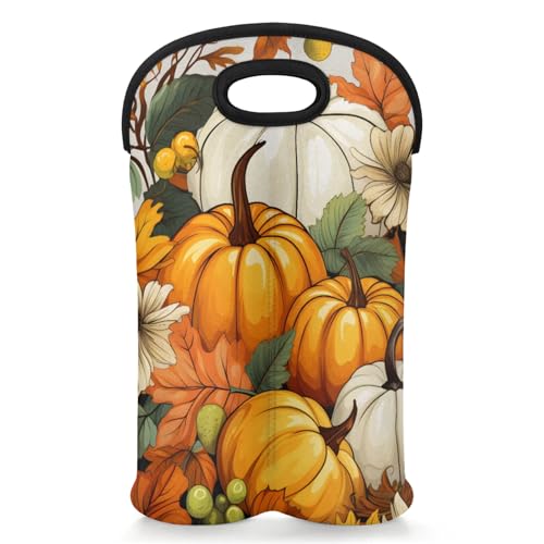 GzLeyigou 2 Bottles Pumpkin Plants Wine Bag Sleeve Totes Neoprene Protective Wine Carrier Bag for Wine,Water, Champagne, Beer, Baby Bottles,Gift 14.5 x 10 Inches