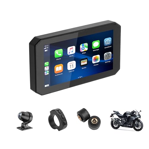 Motorrad CarPlay Display, 5,5' tragbares drahtloses CarPlay & Android Auto Touchscreen für Motorräder mit IP67 Wasserschutz, TPMS, Rückfahrkamera, Siri/Google Assistant, Bluetooth, Fernbedienung
