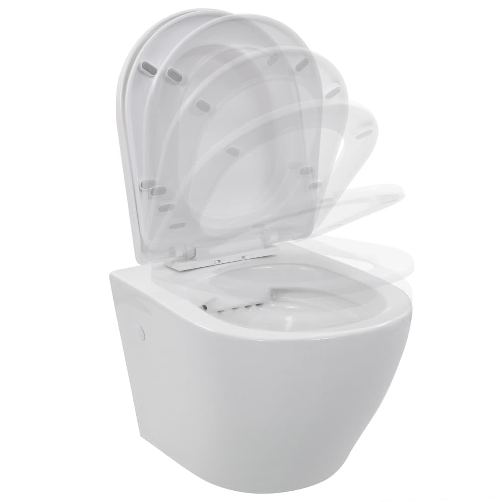 Inodoro de pared sin borde de cerámica blanca con descarga sin bordes, fijación oculta, asiento de cierre suave, dimensiones 36 x 48 x 41,5 cm, para cuarto de baño