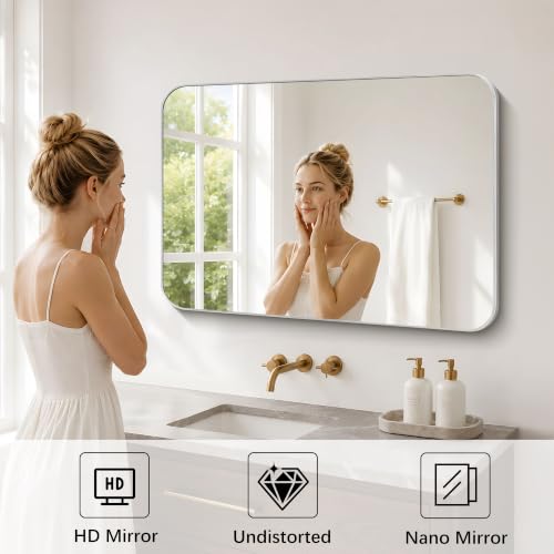 Image of DESBING 40 inchx30 inch Bathroom Mirror for Over Sink, Silver Framed Wall Mirror | High-Definition Shatterproof Vanity Mirror with Rounded Corner for Bedroom Living Room Entryway Horizontally or Vertically