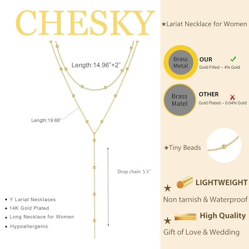 CHESKY Dainty Lariat Gold Necklace for Women, 14k Gold Plated/Silver Layered Long Necklaces Women Trendy Y-Shaped Pendant Necklaces Simple Beaded Drop Chain Necklace Jewelry Wedding2