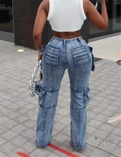 Women Baggy Denim Cargo Straight Leg Jeans with Pockets All Over3