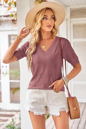 Image of Arach&Cloz Women's Lightweight Spring Summer Sweater Tops Casual Short Sleeve Blouses Shirts