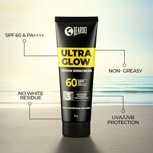 Image of Beardo Ultra Glow Serum Sunscreen SPF 60+ PA++++| UVA /UVB Protection | No White Cast | Ultra Lightweight 3 in 1 with Niacinamide, Ceramides & Hyaluronic Acid | Non-Greasy | Designed for Men | 10g