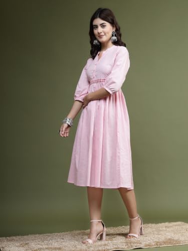 Image of Rama's Women's Printed Cotton One Piece Dress | V-Neck | 3 /4 Sleeves | Empire Waist | Knee Length Casual Dress for Women