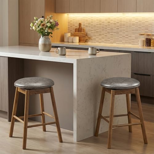 Juego de 2 butacos giratorios de madera COSTWAY, sillas altas de cuero sintético gris y natural con estructura de madera de caucho, reposapiés, sin respaldo, para isla de cocina miniatura 2