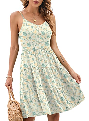 Image of YATHON Sundresses for Women Casual Summer Beach Sleeveless Spaghetti Strap Dress Button Down Ruffle Flowy Pleated Dresses