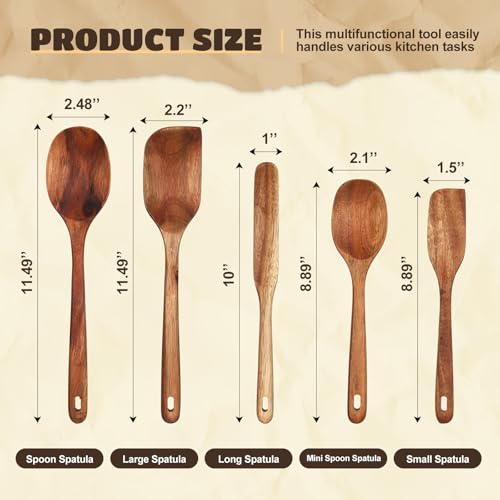 Image of Hushee 5 Pieces Acacia Spatula Set Natural Acacia Wooden Kitchen Utensils Wooden Spoons Tools for Stirring, Mixing, Cooking, Serving, Spurtles for Nonstick Cookware