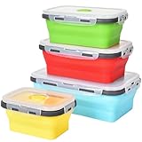 KUON Collapsible Silicone Food Storage Containers, Set of 4 Kitchen Collapsible Bowls with Airtight Lids, BPA Free, Microwave and Freezer and Dishwasher Safe (4 Colors)