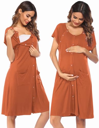 Image of Ekouaer 3 in 1 Labor/Delivery/Hospital Gown Nursing Dress Maternity Nightgown Sleepwear for Breastfeeding with Button S-XXL