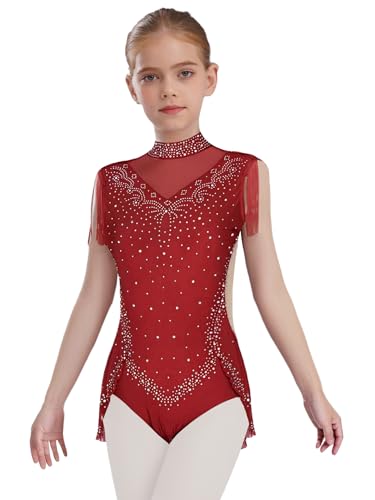 Fldy Mädchen Turnanzug Glitzer Strass Gymnastik Trikot Ärmelloser Mesh Tanzbody Eislaufen Ballett Leotard Mit Quasten Burgundy 134-140
