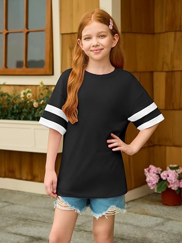 Image of Girls Oversized T Shirts Kids Summer Striped Short Sleeve Tops Casual Crewneck Tees 5-14 Years