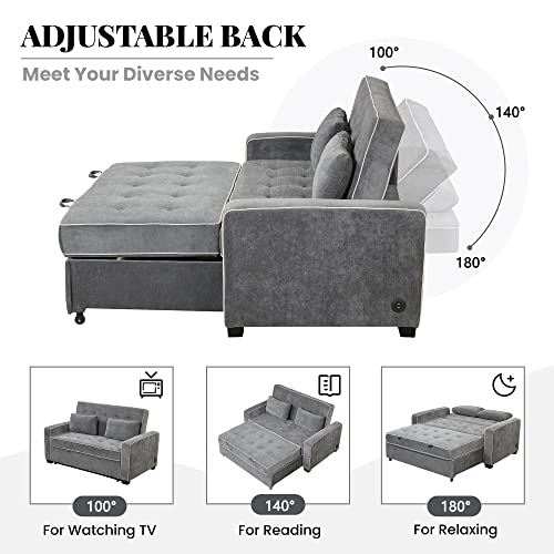 Polibi 65.7" Modern Convertible Sleeper Sofa Bed w/Dual USB Charging Port, Linen Upholstered Pull Out Sofa Bed Couch with 3 Adjustable Angle Backrest and Two Throw Pillows(Charcoal Gray) - Thumbnail 3