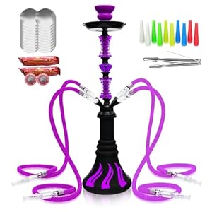 22″ Hookah Set with Everything,Premium Hookah Shisha set,Up to 4 Persons Hookah Complete Set with 100 Disposable Tips,50 Pre-Punched Aluminum Foil,20 Coals(PURPLE)