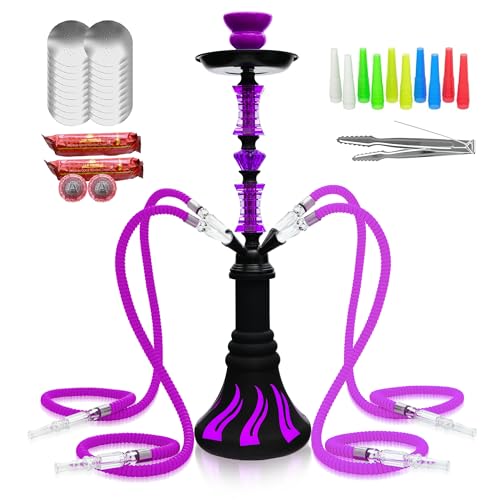 22" Hookah Set with Everything,Premium Hookah Shisha set,Up to 4 Persons Hookah Complete Set with 100 Disposable Tips,50 Pre-Punched Aluminum Foil,20 Coals(PURPLE)