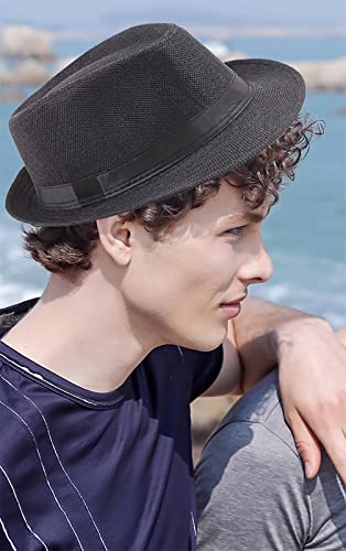 Trilby Linen Hat For Men & Women, Short Brim Fedora Breathable Panama Hats Outdoor Sun Hat Curlystraw Hat Black #TOP4